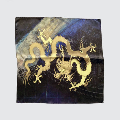 Silk Pocket Square - Golden Dragon On Blue - Machined Hem