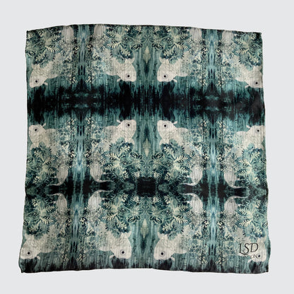 Silk Pocket Square - Green With Koi Design - Machined Hem