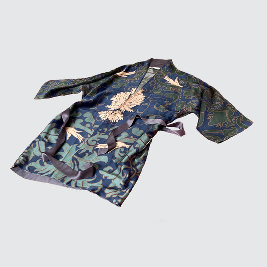 Kimono Silk Robe - Blue and Green Damask