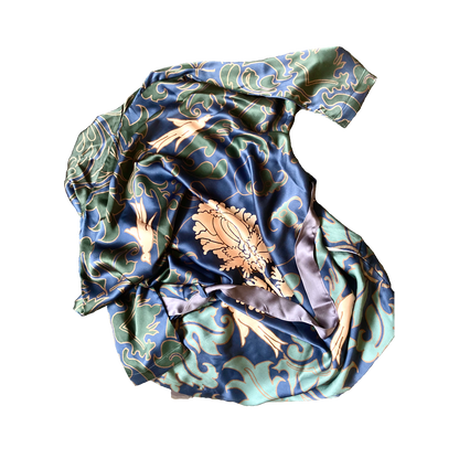 Kimono Silk Robe - Blue and Green Damask