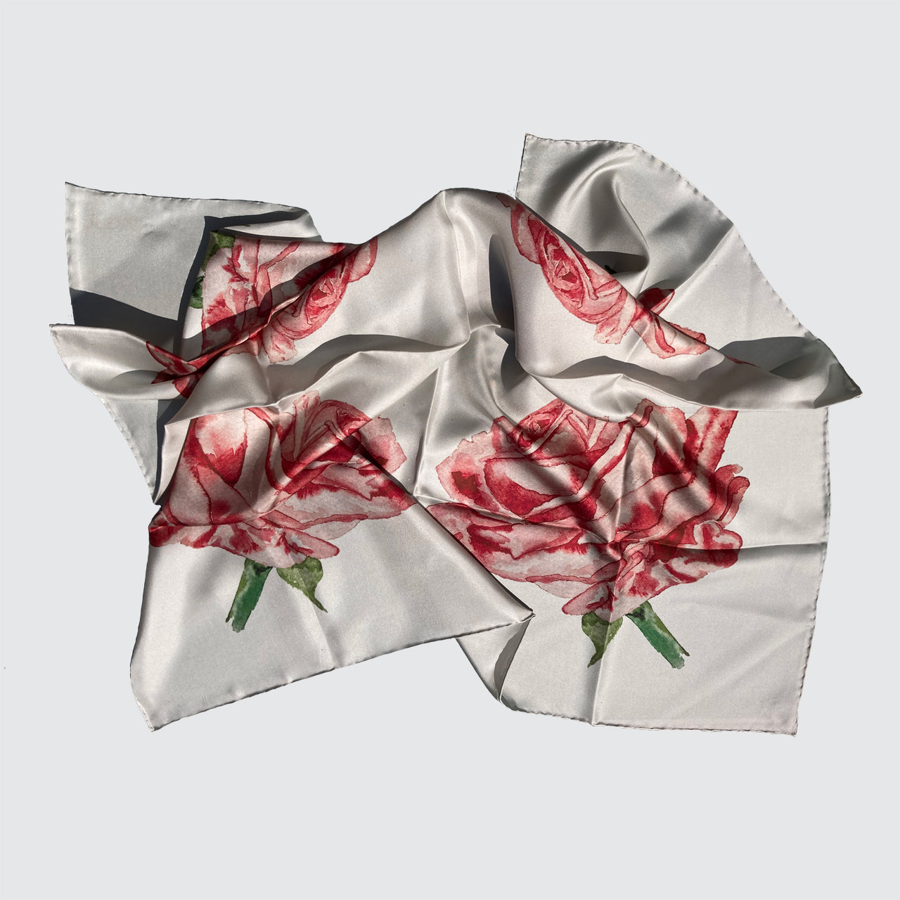 Silk Scarf With Watercolour Roses - Hand-Rolled Hems