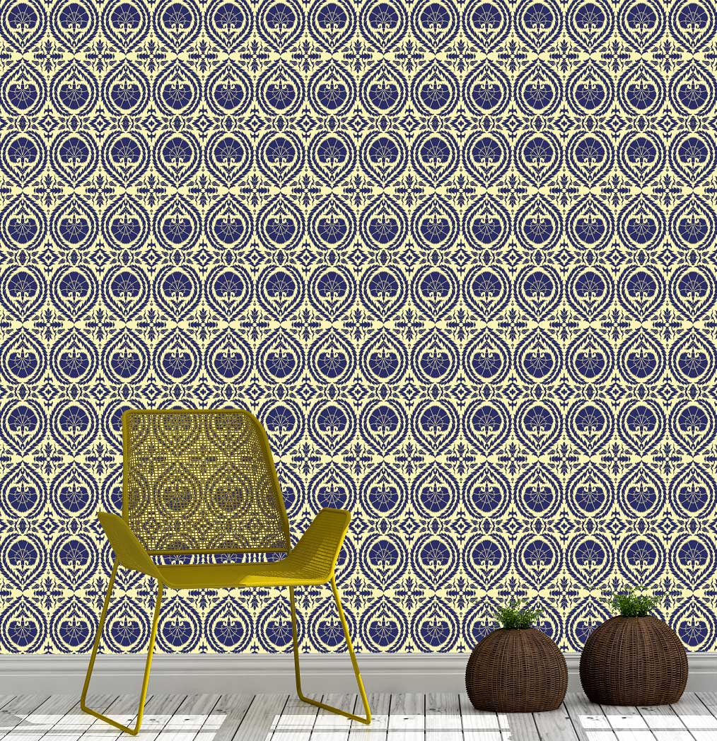 Wallpaper Acanthus and Wreath Blue On Yellow - £37.50 per sq metre