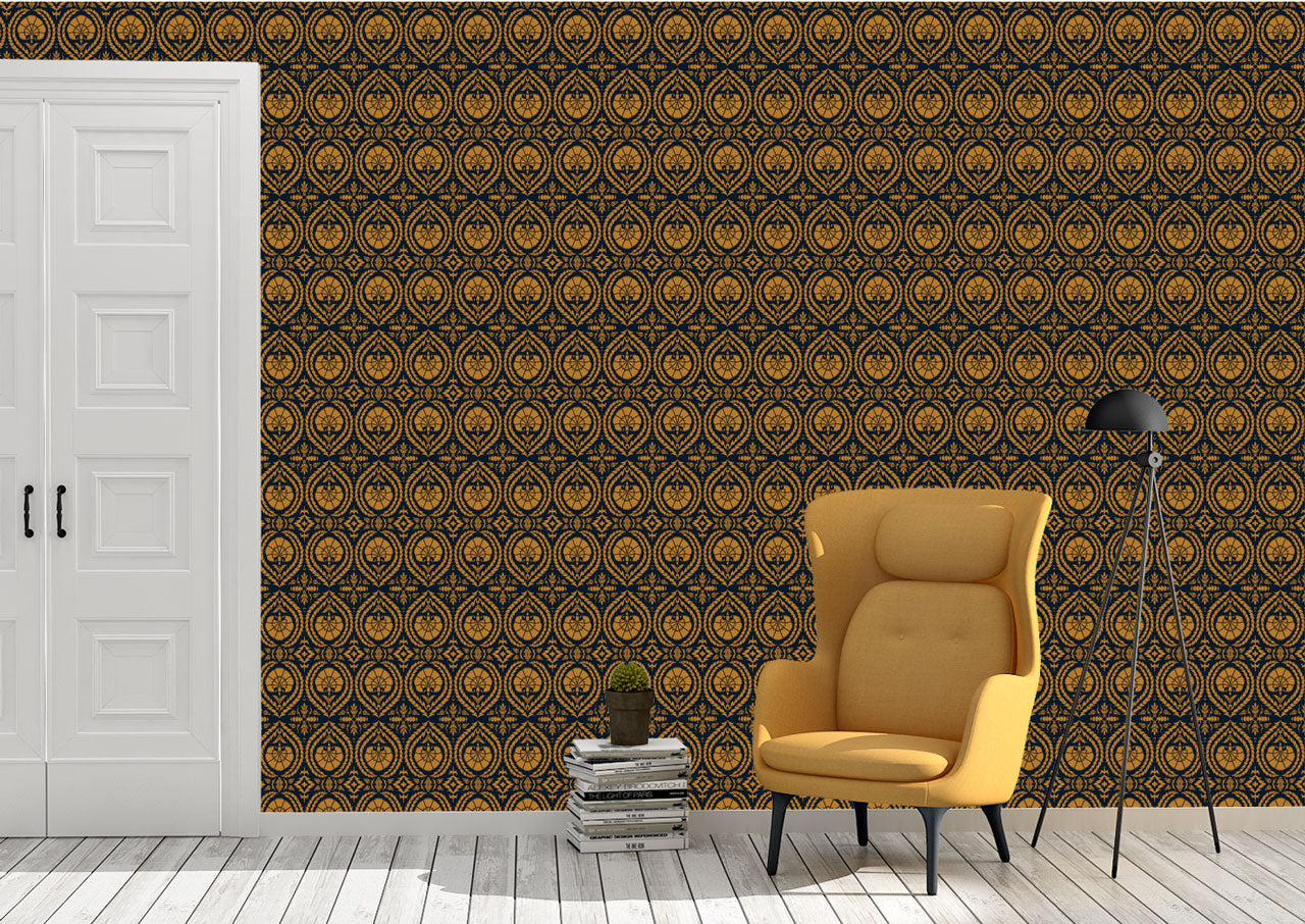 Wallpaper Acanthus And Wreath Ochre On Blue - £37.50 per sq metre