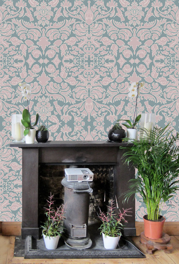 Wallpaper Hummingbird Damask Pink Sage - £37.50 per sq metre